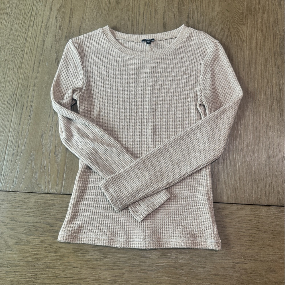 Express Glitter Waffle Fitted Crew Neck Long Sleeve Top Size Small Beige - Picture 2 of 8